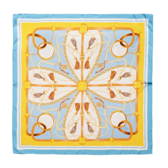Jedwabna apaszka 88x88 cm Equestrian Royale Azure Gold z motywem łańcuchów i pasków – 100% jedwab morwowy 14 momme