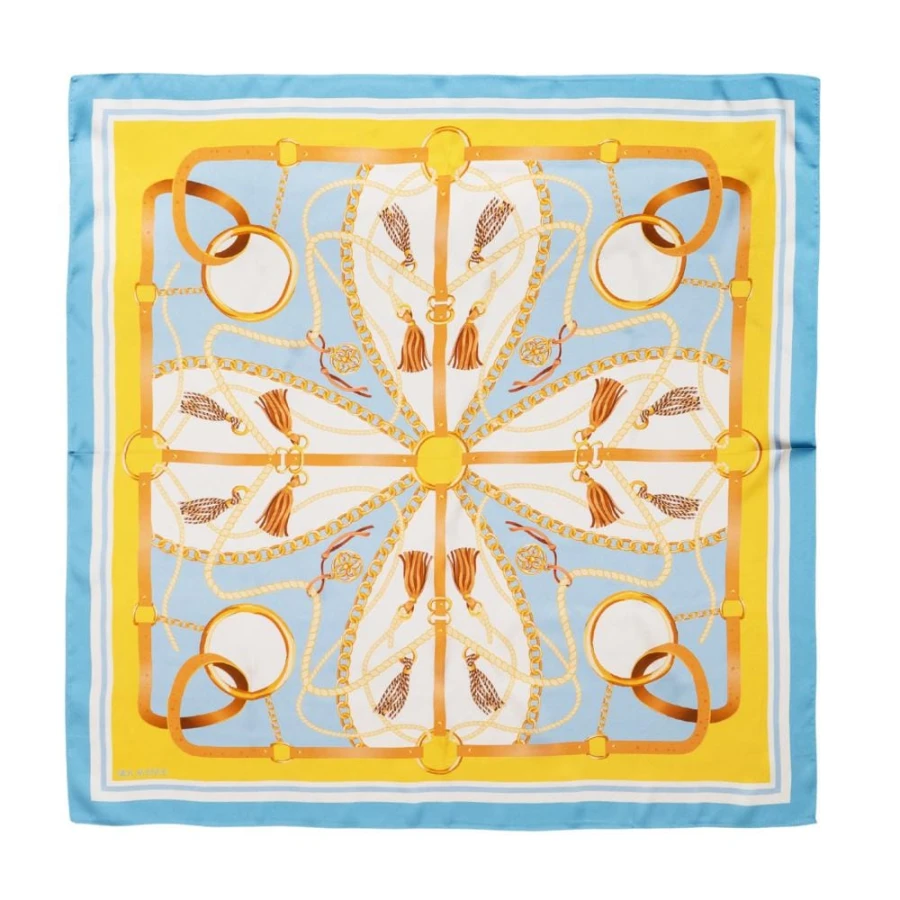 Jedwabna apaszka 88x88 cm Equestrian Royale Azure Gold z motywem łańcuchów i pasków – 100% jedwab morwowy 14 momme