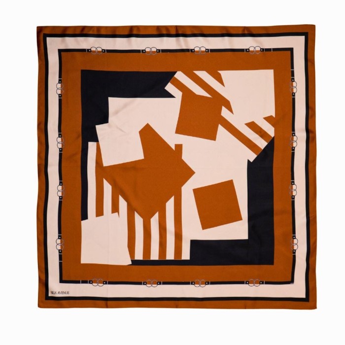 Karmelowa apaszka jedwabna 88x88 cm Modern Geometry Terra – 100% jedwab twill 14 momme