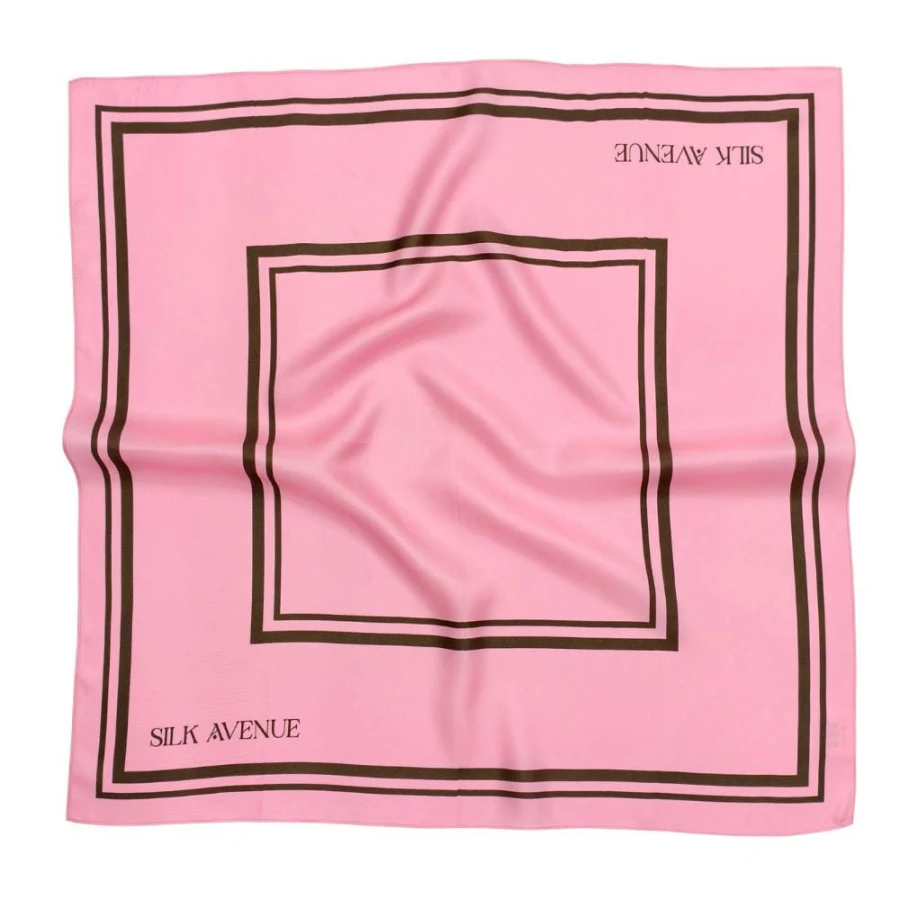jedwabna apaszka Rose Brun Silk Avenue 68x68 różowa z brązową ramą