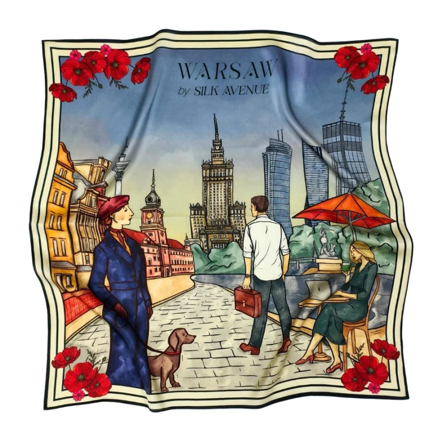 Apaszka jedwabna Warsaw Silk Avenue z motywem Starego Miasta i PKiN