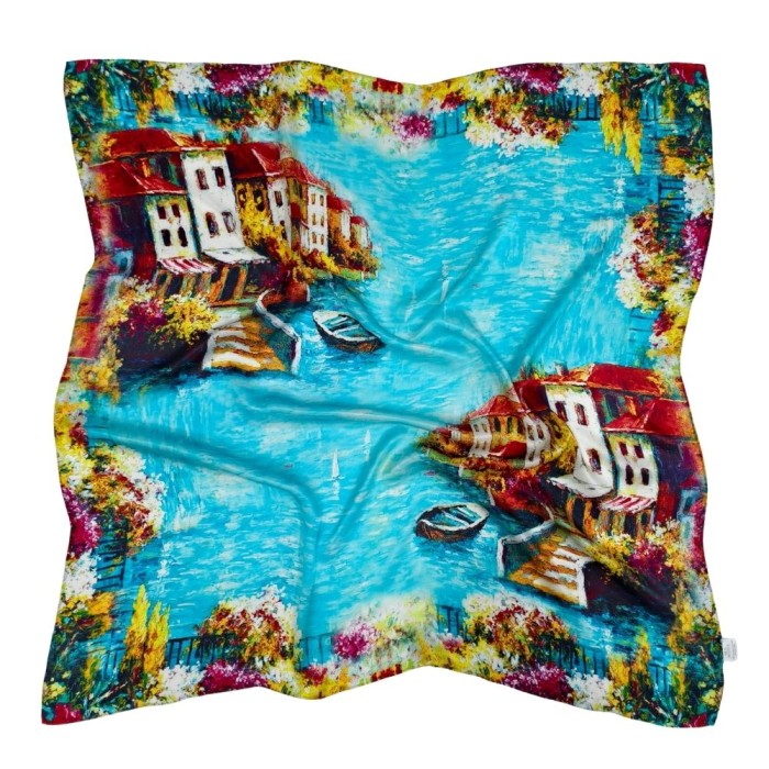 Chusta jedwabna Lago Azzurro 105x105 cm z malarskim wzorem włoskiego jeziora i lazurowej wody