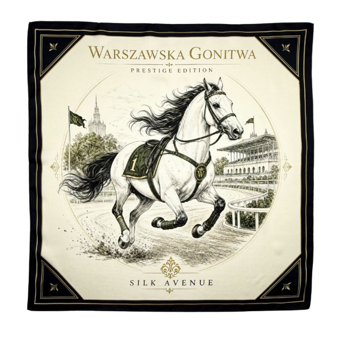 Jedwabna apaszka Warszawska Gonitwa 68 × 68 cm z motywem konia wyścigowego