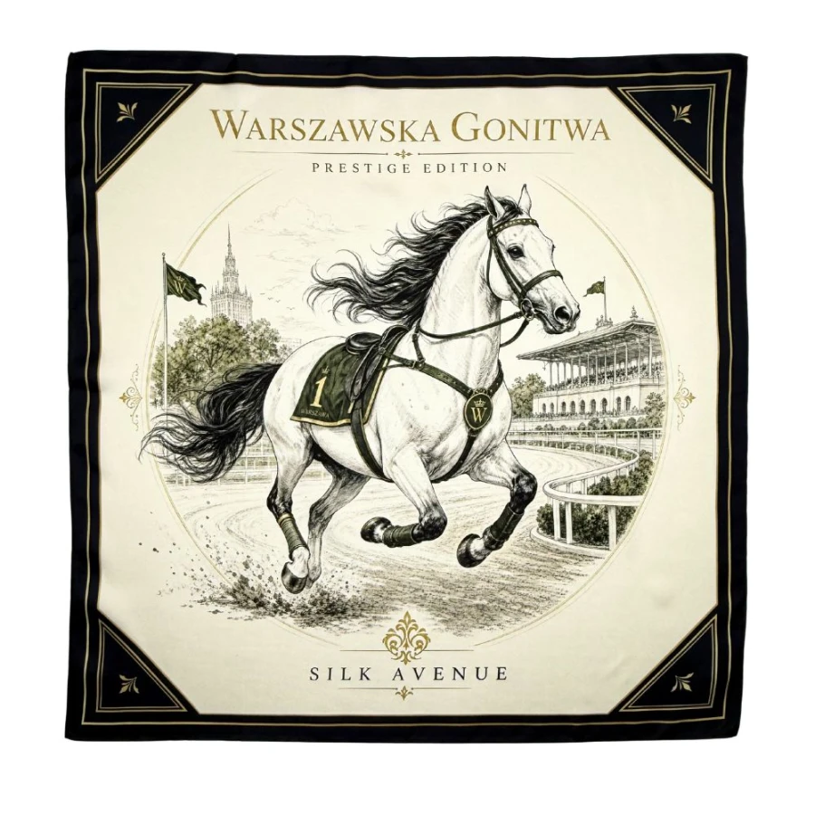 Jedwabna apaszka Warszawska Gonitwa 68 × 68 cm z motywem konia wyścigowego