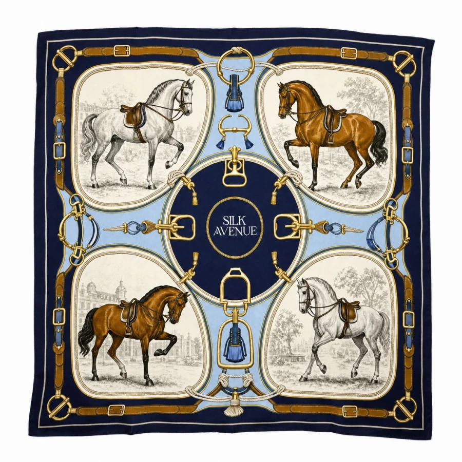 Jedwabna apaszka Noble Horses 68 × 68 cm z motywem koni i jeździeckiej uprzęży