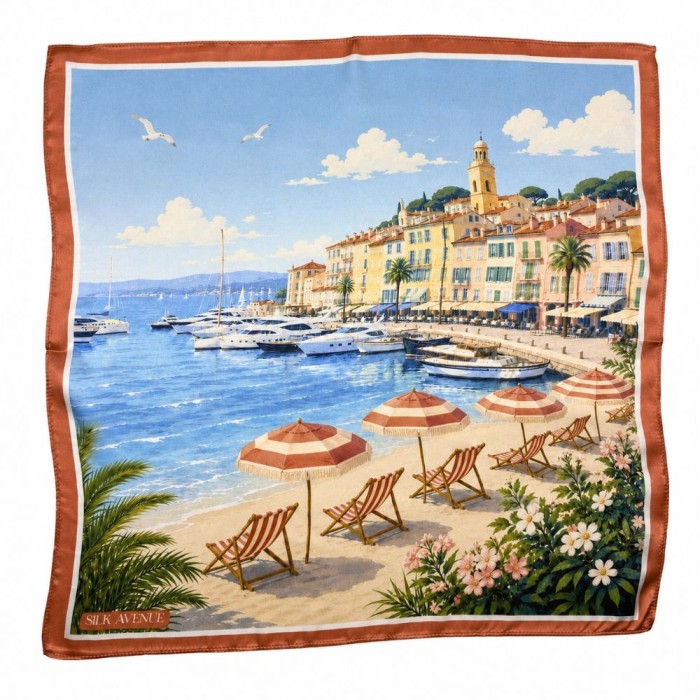 Jedwabna gawroszka St. Tropez 53 × 53 cm z motywem francuskiej Riwiery