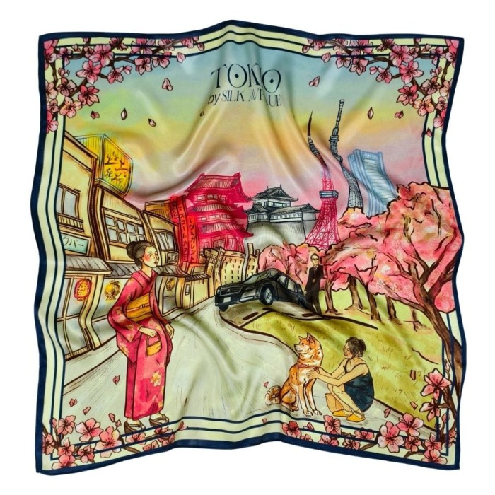 Jedwabna apaszka Tokio 68 × 68 cm z motywem Japonii, kwitnącej wiśni i architektury miasta