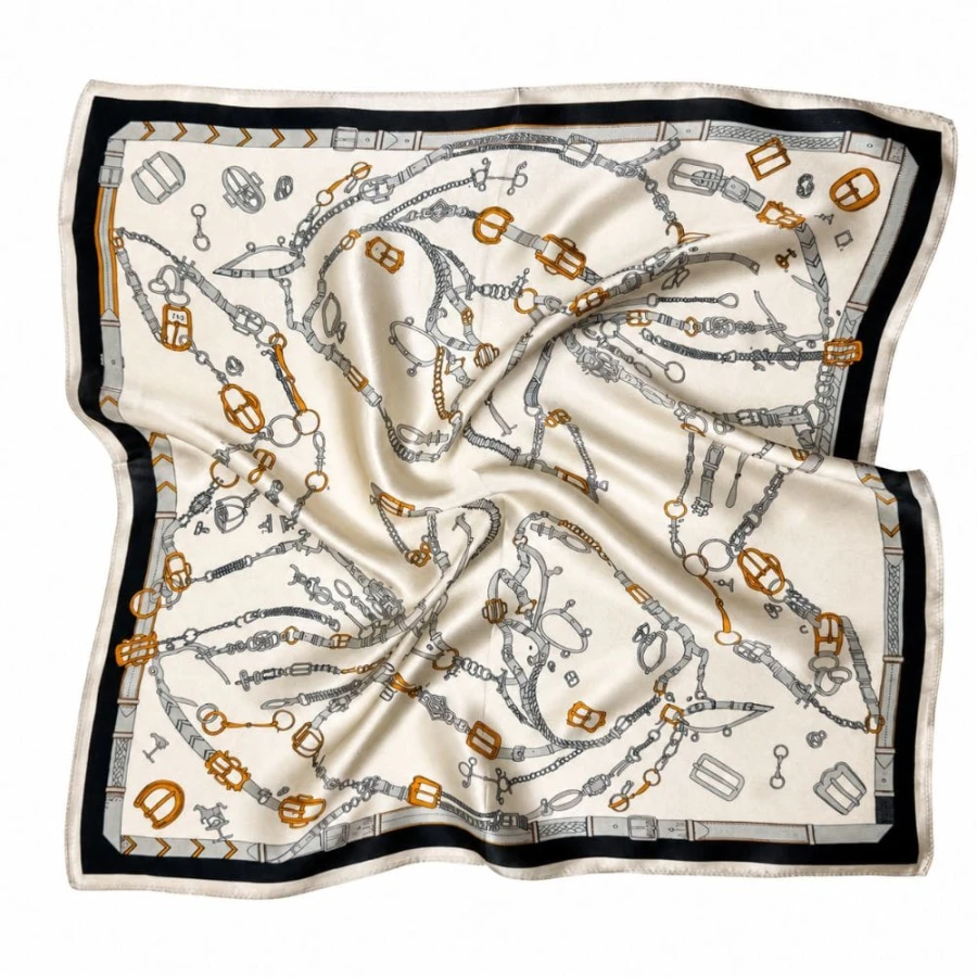 Jedwabna gawroszka Equestrian Silk 53 × 53 cm w kolorze kremowym z czarną ramą i wzorem inspirowanym jeździectwem