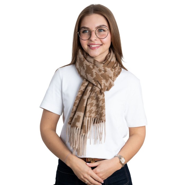 Brązowo-beżowy szalik damski w pepitkę z wełny australijskiej