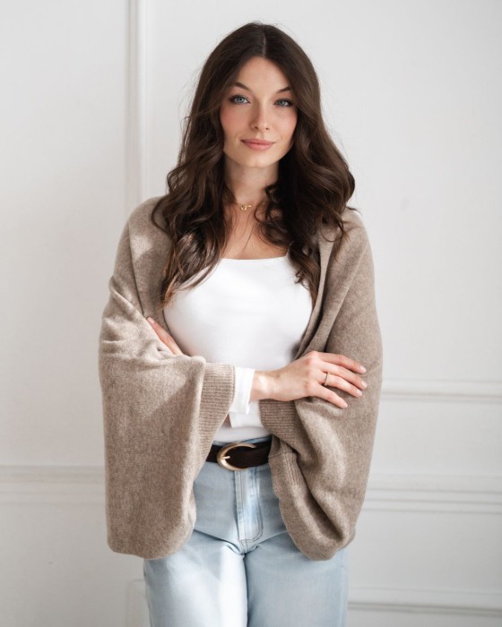 Szalik damski i narzutka 2w1 – 100% wełny, taupe_1.jpg