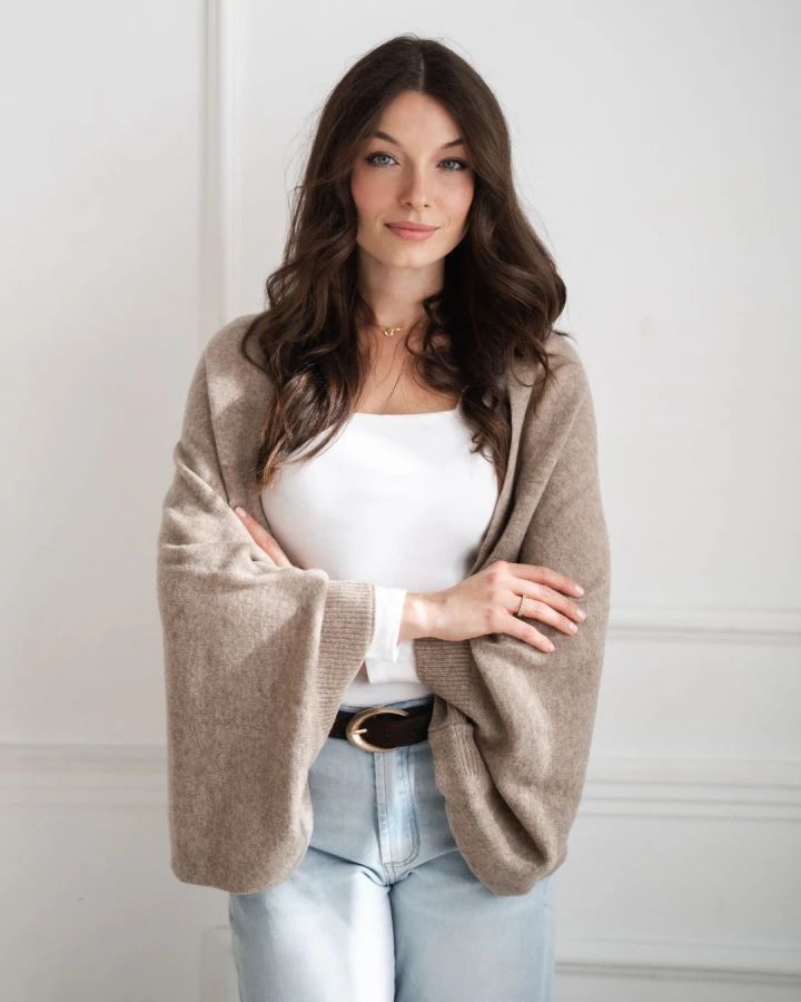 Szalik damski i narzutka 2w1 – 100% wełny, taupe_1.jpg
