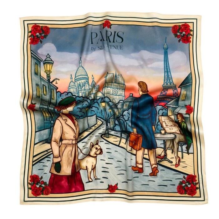 Jedwabna apaszka Paris Silk Avenue z kolekcji City Break – ilustracja paryskiej ulicy z wieżą Eiffla i Notre-Dame
