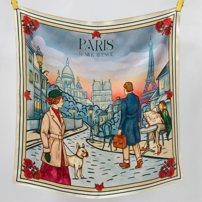 Jedwabna apaszka Paris Silk Avenue – pełen widok wzoru inspirowanego klimatem Paryża