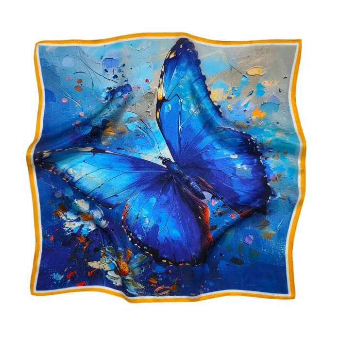 Gawroszka Artystyczny Motyl jedwabna 53x53 cm z dużym błękitnym motylem