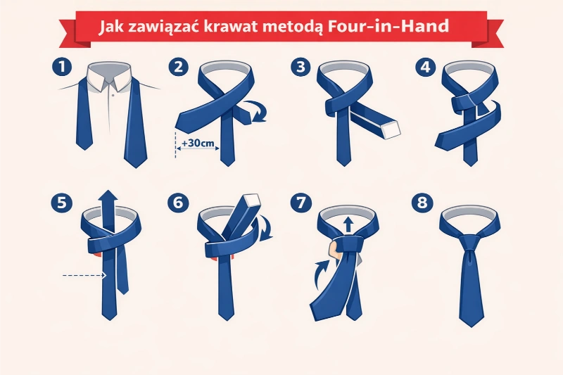 grafika przedstawiająca sposób wiązania krawatu metodą Four-in-Hand