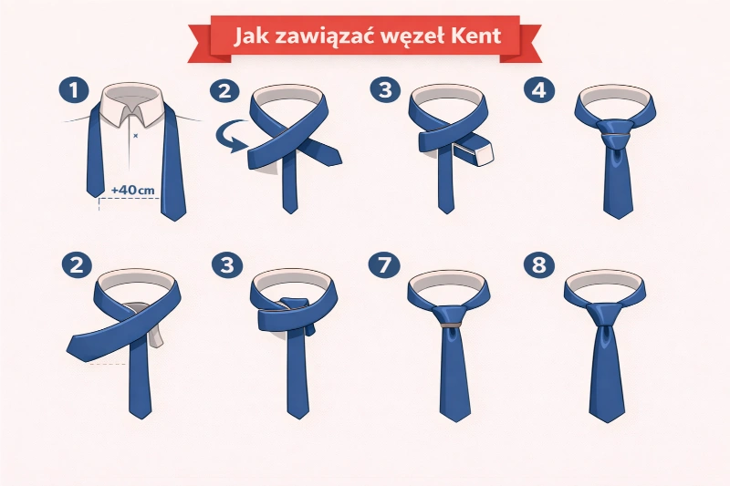 grafika przedstawiająca sposób wiązania krawatu metodą Węzeł Kent