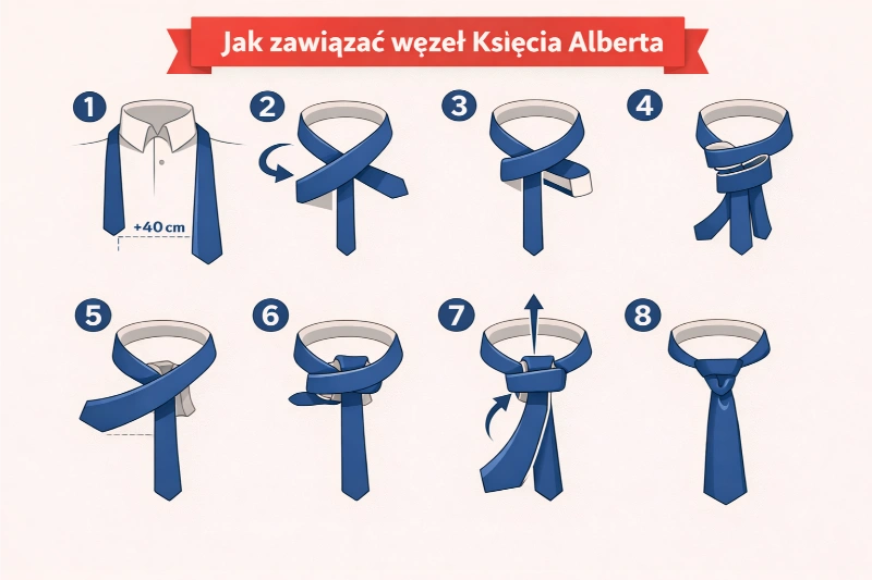 grafika przedstawiająca sposób wiązania krawatu metodą Węzeł Księcia Alberta