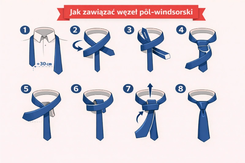 grafika przedstawiająca sposób wiązania krawatu metodą Węzeł Półwindsorski
