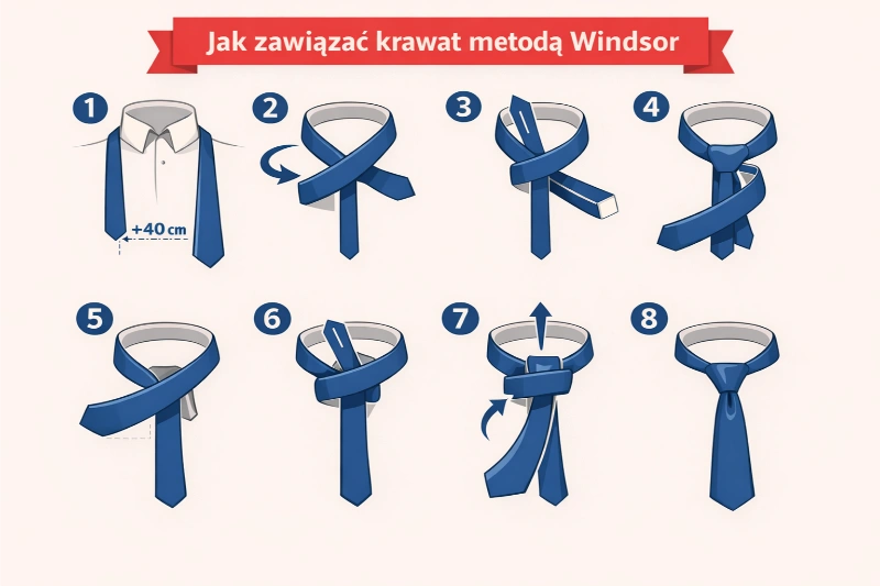 grafika przedstawiająca sposób wiązania krawatu metodą Windsor